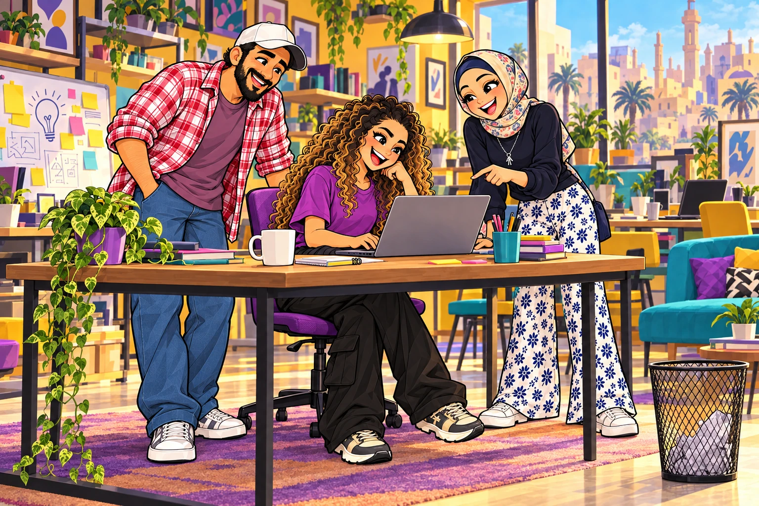 شخصيات الشلة حول مكتب ولابتوب
